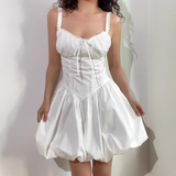 Sweet Spaghetti Straps Lace up Pleated Short Dress Women Teenage Girl Date Dress HZ0319