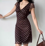 Retro A Line V-neck Polka Dot Short Fitted Skirt Women Summer Vacation Dress HZ0319
