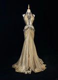Shiny High Collar Sequins Pleated Floor Length Gown Prom Dress Evening Dress Gala Dress HZ0319