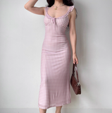 Sweet Ruffle Straps Pink Checkered Lace up Teenage Girl Women Summer Date Dress Seaside Dress HZ0319