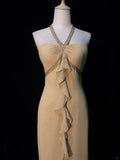 Elegant Prom Dress Halter Pleated Ruffle Evening Dress Gala Dress Business Dinner Dress HZ0319