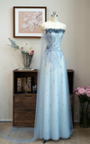 Stunning Prom Dress Strapless Baby Blue Print Prom Gown Evening Dresses Gala Dress HZ0319