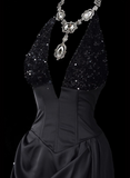 Shiny Prom Dress Black A Line Halter Pleated Evening Dress Gala Dress HZ0319