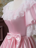 Stunning Prom Dress Pink Square Neck Pleated Lace Evening Dress16th Dress HZ0319