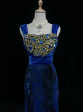 Gorgeous Prom Dress Navy Blue Square Neck Pleated Mermaid Long Evening Dresses Gala Dress HZ0319