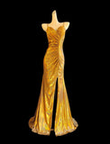 Shiny Prom Dress Gold Spaghetti Straps Pleated Slit Mermaid Evening Dresses Gala Dress HZ0319