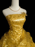Shiny Prom Dress Gold Strapless Pleated Ruffle Ball Gown Evening Dress Gala Dress HZ0319