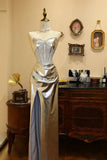 Shiny Prom Dress Sliver Sweetheart Slit Pleated Long Evening Dress Gala Dress HZ0319