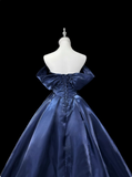 Stunning Prom Dress Dark Blue Asymmetrical Neck Pleated Ball Gown Evening Dress HZ0319