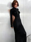 Minimalist Women Dress Black High Collar Casual Dress Daily Work Outfits HZ0319