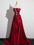 Pretty Prom Dress Wine Red A Line Strapless Pleated Prom Dress Evening Gown Gala Dress HZ0319