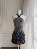 Shiny Homecoming Dress Black A Line Halter Short Prom Dress Birthday Party Outfits Cocktail Dress HZ0319