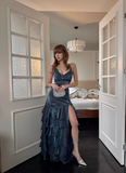 Charming Prom Dress Spaghetti Straps Slit Tiered Long Party Dress Cocktail Dress HZ0319