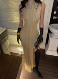 Sexy Prom Dress High Collar Slit Pleated Long Evening Dress Birthday Party Dress HZ0319