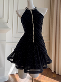 Shiny Homecoming Dress Black Crew Neck Pleated Short Prom Dress Birthday Party Outfits HZ0319
