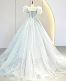 Newest Prom Dress Square Neck Tulle Pleated Ball Gown Evening Dress Birthday Outfits HZ0319