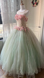 New Design Prom Dress Crew Neck Pleated Tulle Flower Ball Gown Evening Dress Quinceanera Dress HZ0319