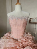 Charming Prom Dress Light Pink Strapless Pleated Tiered Quinceanera Dress Ball Gown Evening Dress HZ0319