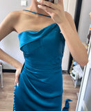 Elegant Prom Dress Dark Blue Asymmetrical Neck Pleated Gala Dress Evening Dress Cocktail Dress HZ0319
