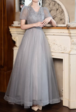 Shiny Prom Dress Short Sleeves Tulle Pleated Gala Dress Evening Dress Formal Dress HZ0319