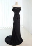 Minimalist Prom Dress Black Off Shoulder Pleated Gala Dress Evening Dress Formal Dress HZ0319