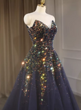 Shiny Prom Dress Dark Blue V-neck Gala Dress Evening Dress Formal Dress HZ0319