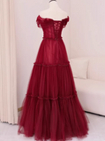 Stunning Prom Dress Wine Red Off Shoulder Pleated Tulle Gala Dress Evening Dress Formal Dress HZ0319