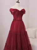 Stunning Prom Dress Wine Red Off Shoulder Pleated Tulle Gala Dress Evening Dress Formal Dress HZ0319