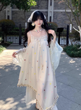 Vacation Spaghetti Straps Pleated Bowknot Embroidered Asymmetrical Hem Maxi Summer Dress Women Dress HZ0319