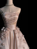 Pearl Pink Strapless A-Line Tulle Long Party Gown with Pearls HZ0319