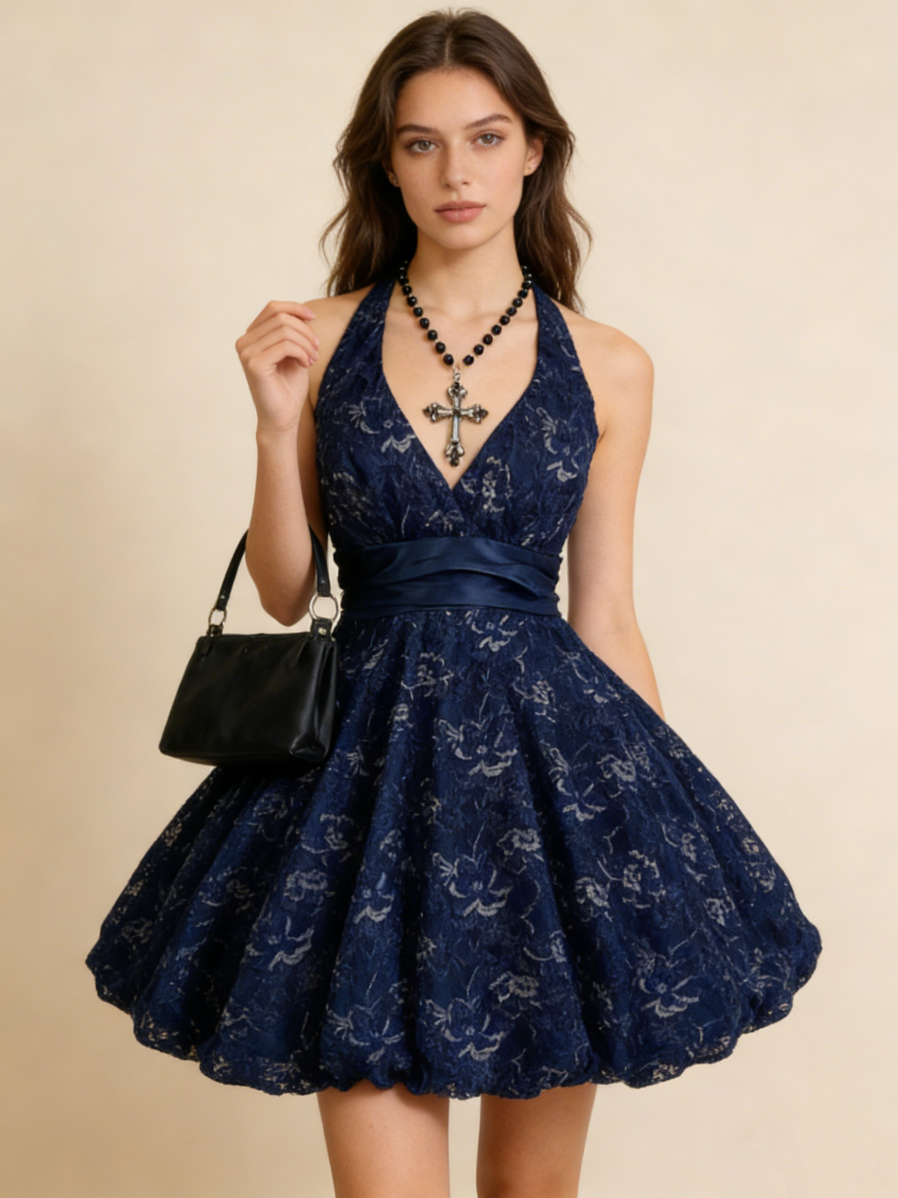 Navy Blue Halter A-Line Lace Midi Length Party Dresses Cocktail Dresses Homecoming Dress, HZ0319