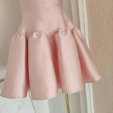 Retro Pink 3D Flowers Design A-line Strapless Satin Mini Party Dress Homecoming Dress HZ0319