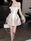 Retro Beige Sequin 3D Floral Strapless Design A-line Party Dress Homecoming Dress HZ0319