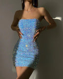 Retro Sparkling Blue Strapless Sequin Design Bodycon Party Dress Homecoming Dress HZ0319