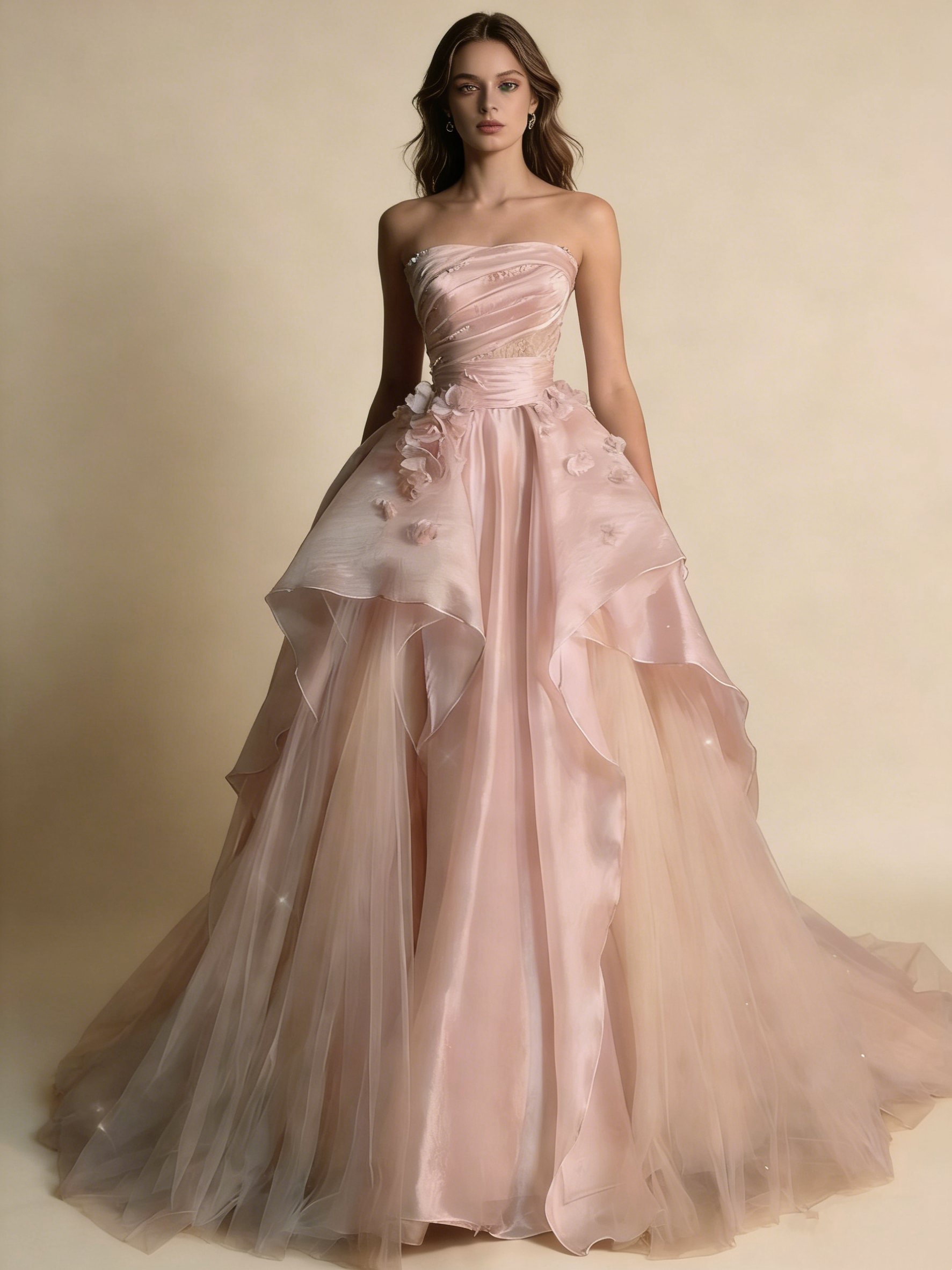 Pearl Pink Strapless A-Line Tulle Long Party Gown with Pearls HZ0319