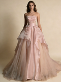 Pearl Pink Strapless A-Line Tulle Long Party Gown with Pearls HZ0319