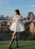 Simple White Off-the-shoulder Lace Bow Design A-line Party Dress Homecoming Dress, HZ0319