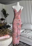 Sweet Spaghetti Strap V-neck Backless Design Floral Print A-line Women Party Dress, HZ0319