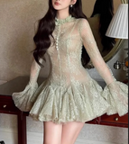 Retro Green Applique Design Tulle A-line Long-sleeved Party Dress Homecoming Dresses HZ0319