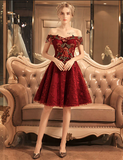 Vintage Burgundy Floral Applique Off-the-shoulder Design A-line Tulle Party Dress Homecoming Dress HZ0319