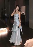 Vintage Blue Sweetheart Spaghetti Strap Mermaid Ruffled Hem Design Sexy Prom Dress Evening Dress HZ0319