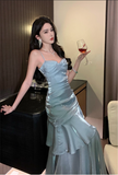 Vintage Blue Sweetheart Spaghetti Strap Mermaid Ruffled Hem Design Sexy Prom Dress Evening Dress HZ0319