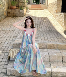 Vintage Floral Spaghetti Strap Design Elegant Beach Holiday Sleeveless Summer Dress HZ0319