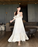 Vintage Ivory Strapless Ruffled Hem Design Elegant Beach Holiday A-Line Sleeveless Summer Dress HZ0319