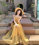 Vintage Yellow Bohemian Style Design Elegant Beach Holiday A-Line Sleeveless Halter Dress Summer Dress Party Dress HZ0319