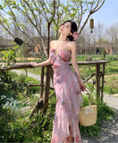Vintage Pink Floral Irregular Hem Design Elegant Beach Holiday A-Line Sleeveless Halter Dress Summer Dress Party Dress HZ0319