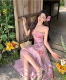 Vintage Pink Floral Irregular Hem Design Elegant Beach Holiday A-Line Sleeveless Halter Dress Summer Dress Party Dress HZ0319