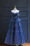 Vintage Blue Beaded Design Elegant A-Line Chiffon Tulle Evening Dress Prom Dress HZ0319