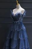 Vintage Blue Beaded Design Elegant A-Line Chiffon Tulle Evening Dress Prom Dress HZ0319