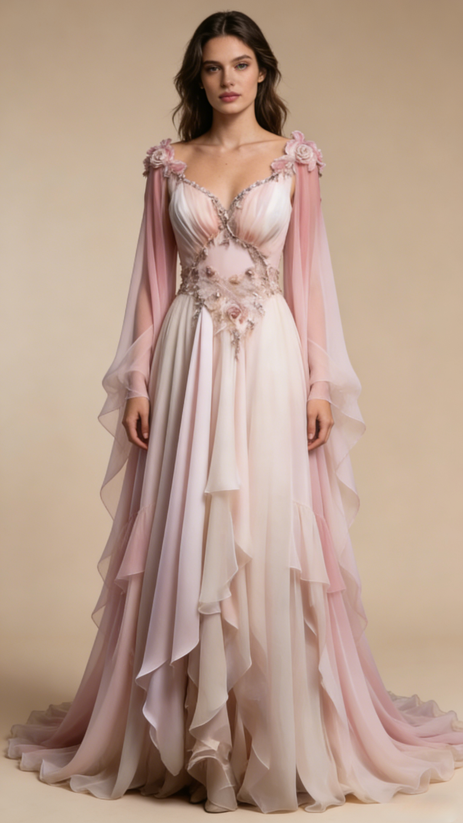Retro Ombre Pink A-Line Chiffon Long Formal Prom Dress Evening Gown, HZ0319